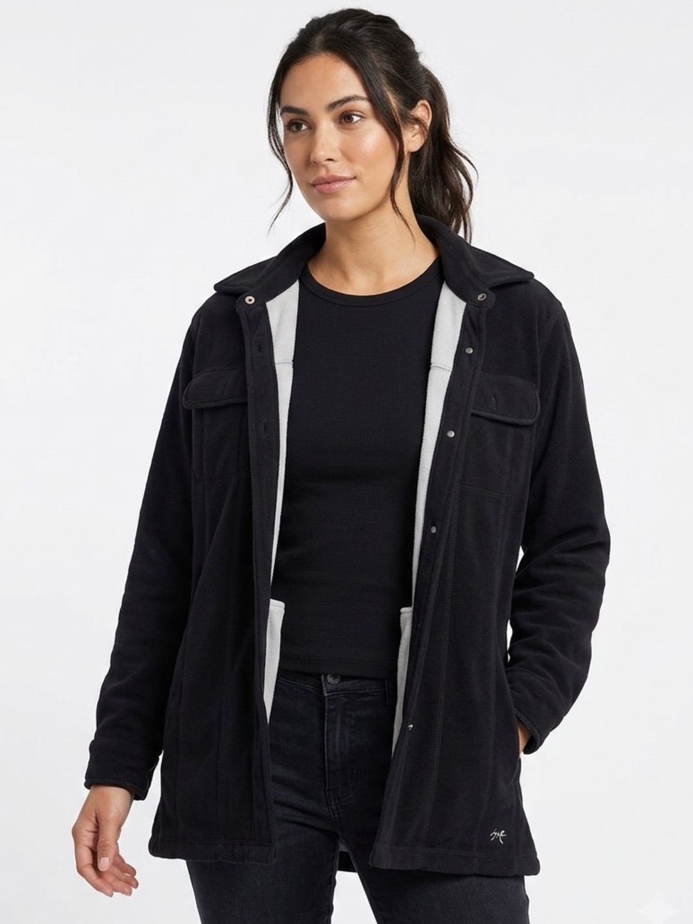 Black Button-Down Fleece Shirt Jacket - Women's